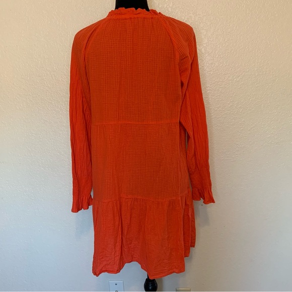 J. Crew Long Sleeve Textured Gauze Dress Ruffle Neck Tassels Red Orange Medium - Picture 7 of 15